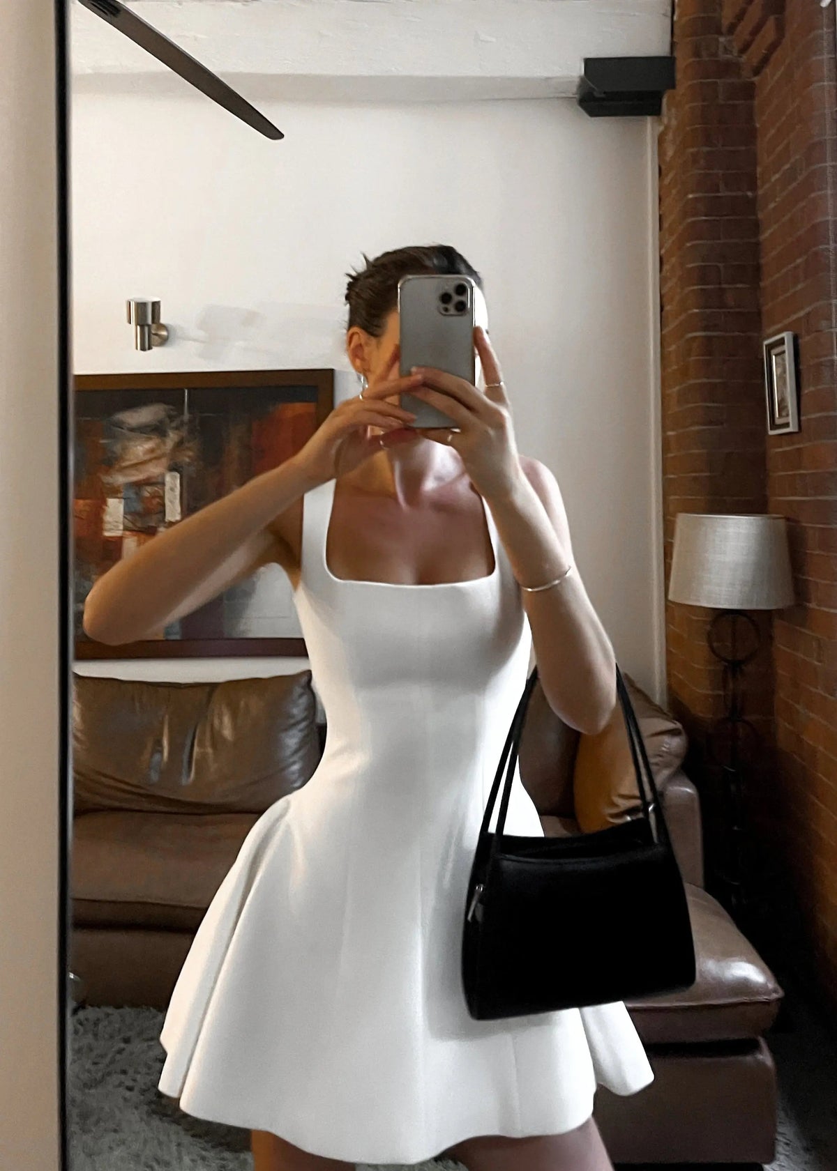 White Square Neck Flared Mini Dress with Fitted Bodice for Women | Casual Wear