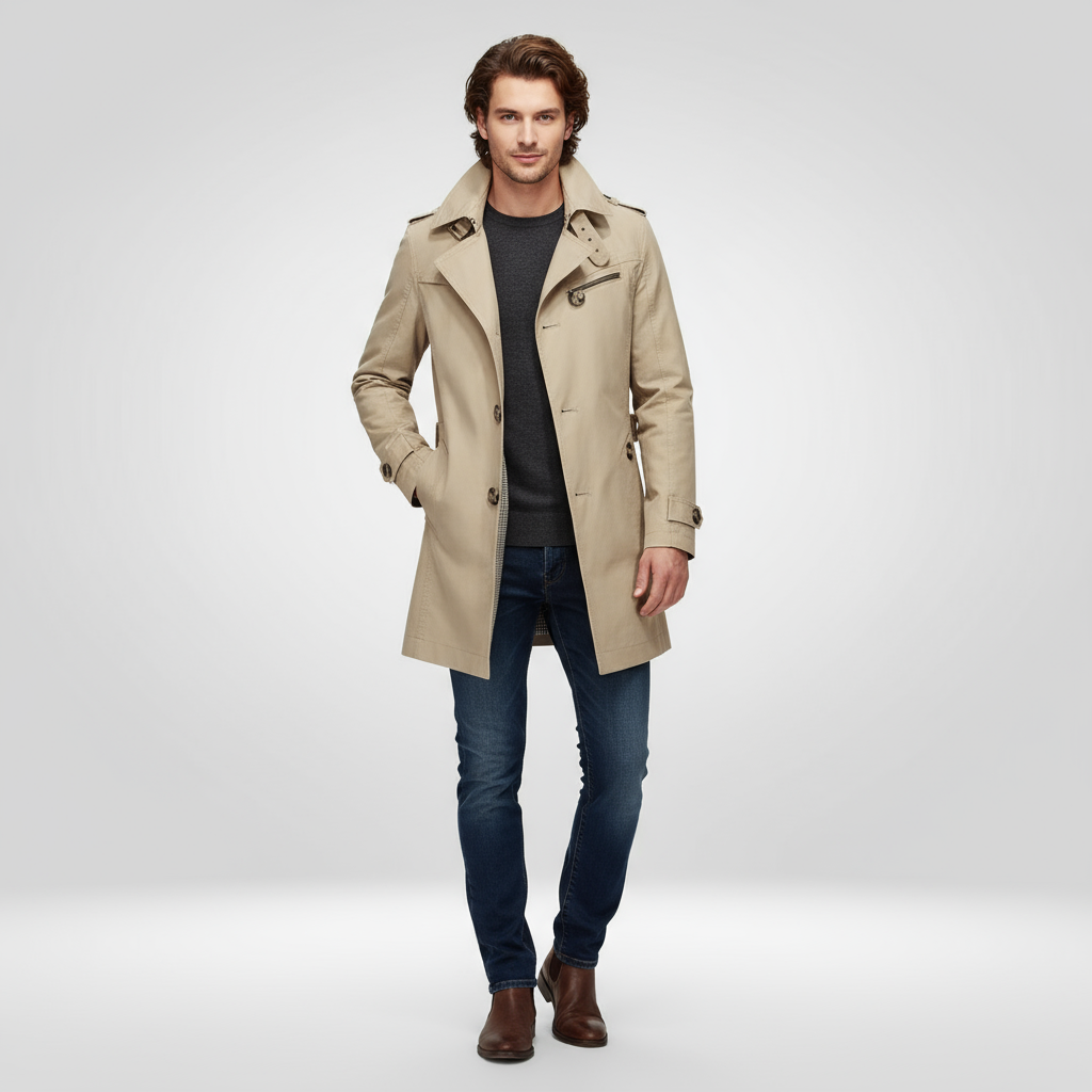 Regular Fit Button Closure Belted Trench Coat for Men | Daily and Work Outerwear