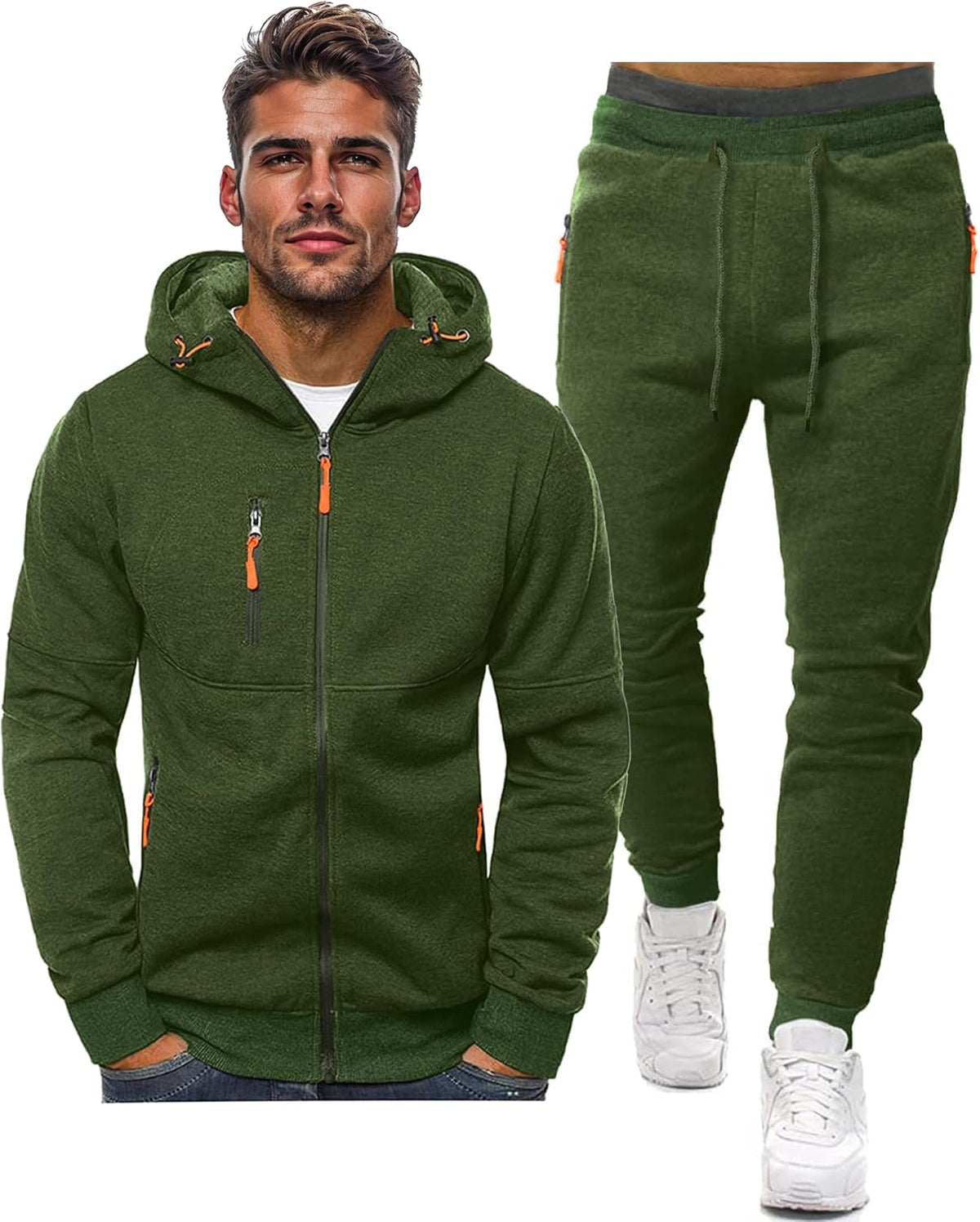 Zip Front Hoodie and Jogger Sweatpants Two Piece Tracksuit Set for Men