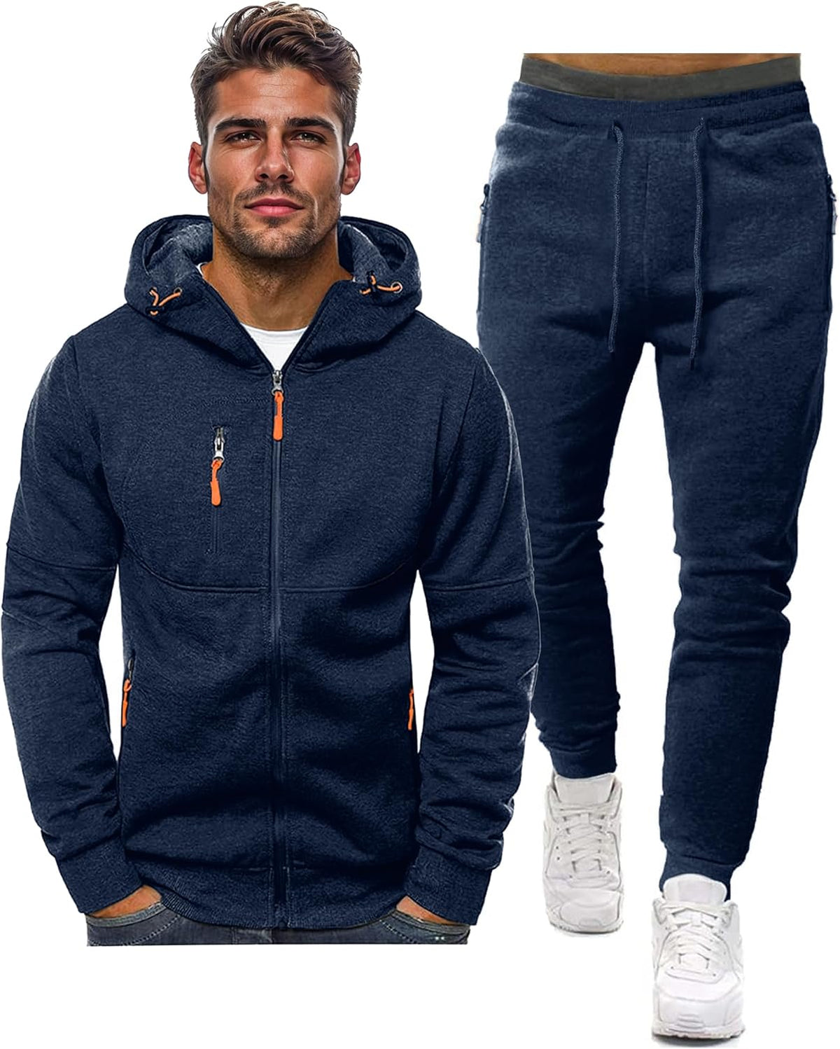 Zip Front Hoodie and Jogger Sweatpants Two Piece Tracksuit Set for Men