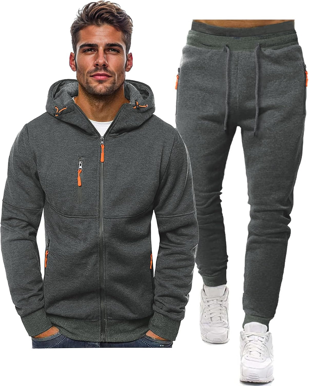 Zip Front Hoodie and Jogger Sweatpants Two Piece Tracksuit Set for Men