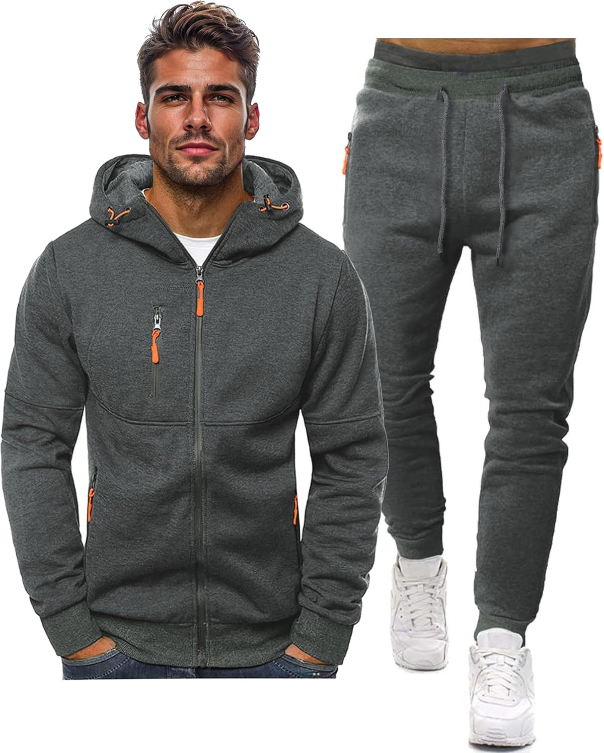 Zip Front Hoodie and Jogger Sweatpants Two Piece Tracksuit Set for Men