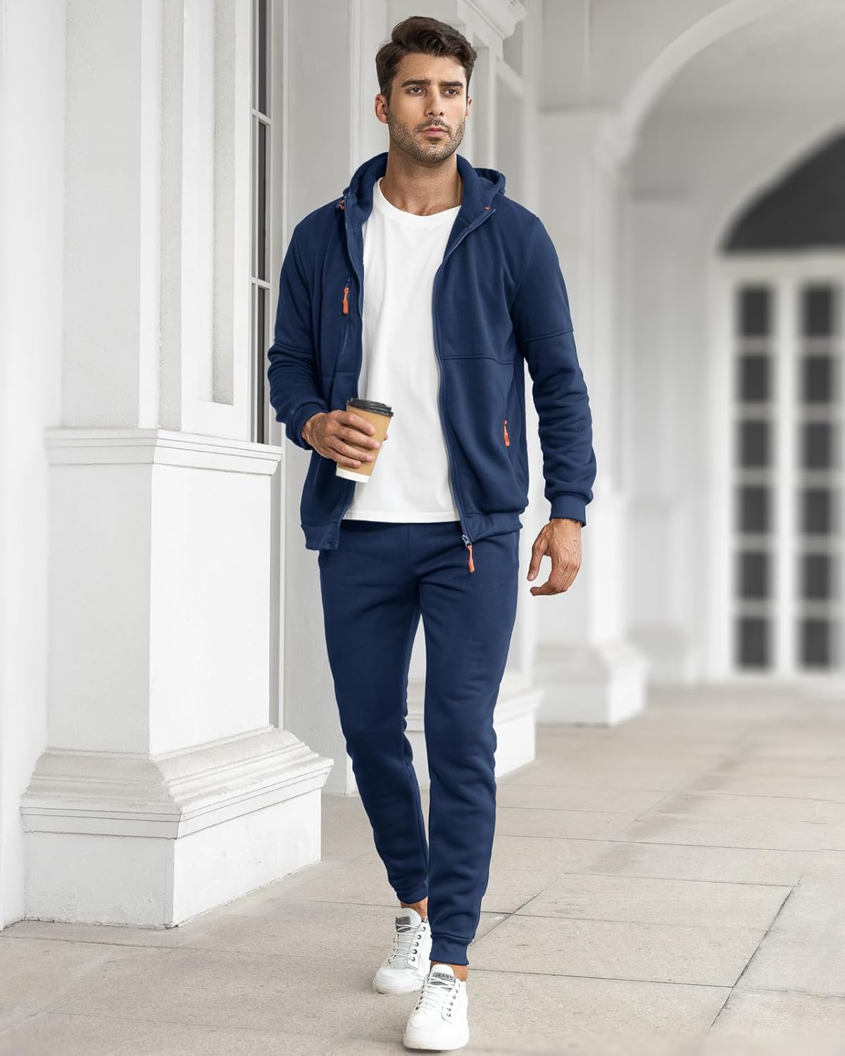 Zip Front Hoodie and Jogger Sweatpants Two Piece Tracksuit Set for Men