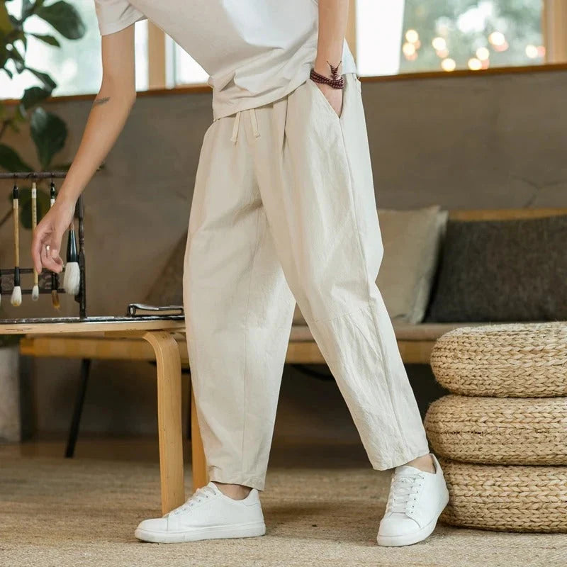 Linen Blend Tapered Cropped Drawstring Pants for Men | Summer Collection