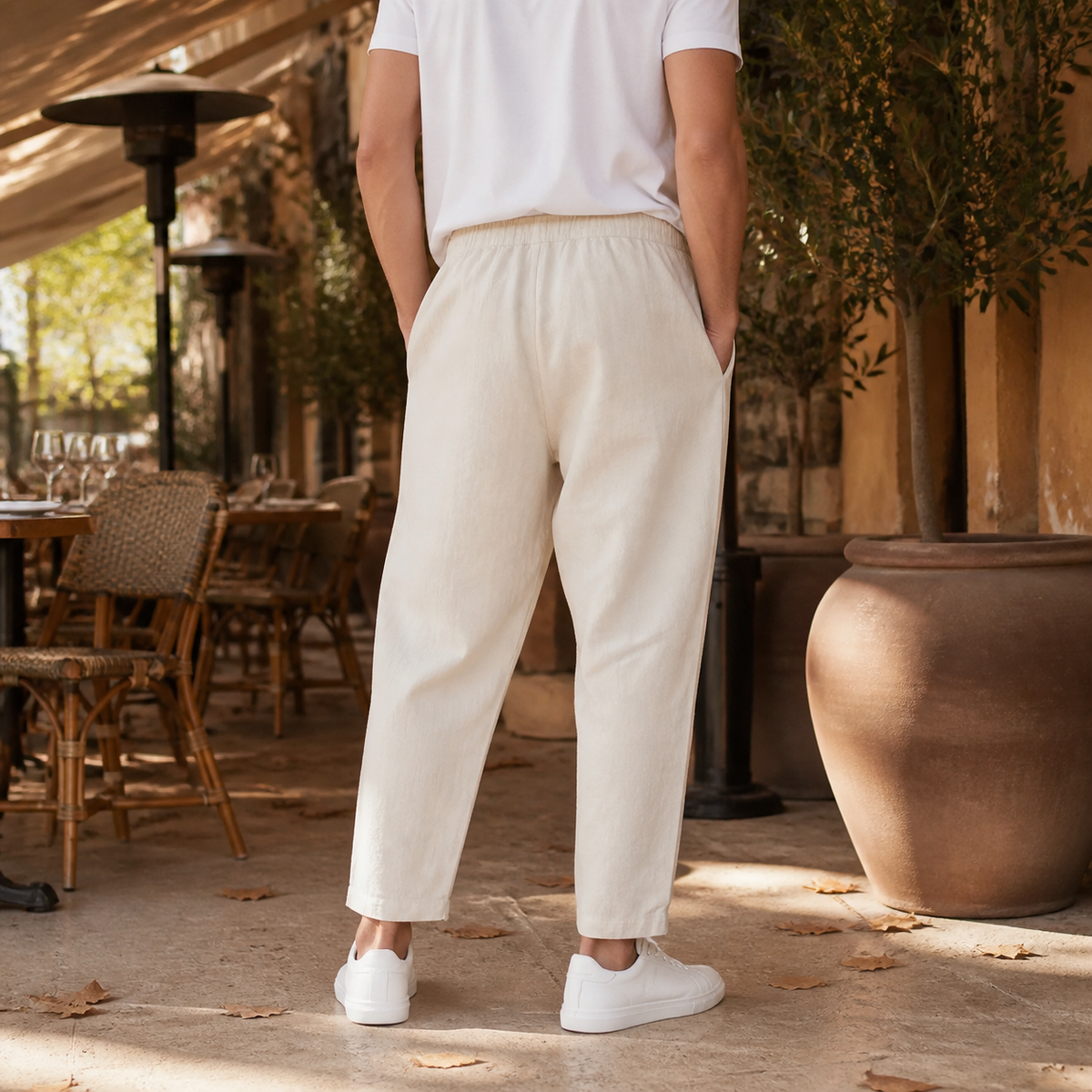 Linen Blend Tapered Cropped Drawstring Pants for Men | Summer Collection