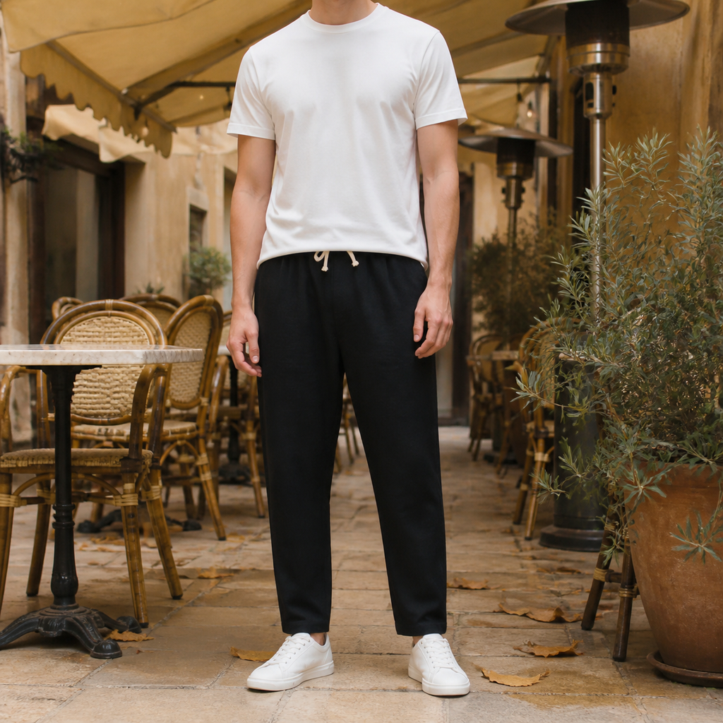 Linen Blend Tapered Cropped Drawstring Pants for Men | Summer Collection