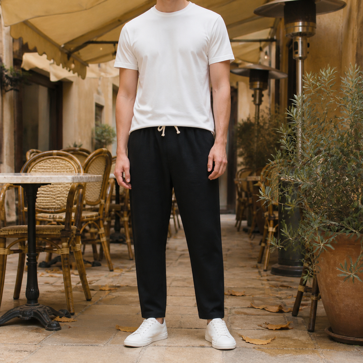 Linen Blend Tapered Cropped Drawstring Pants for Men | Summer Collection