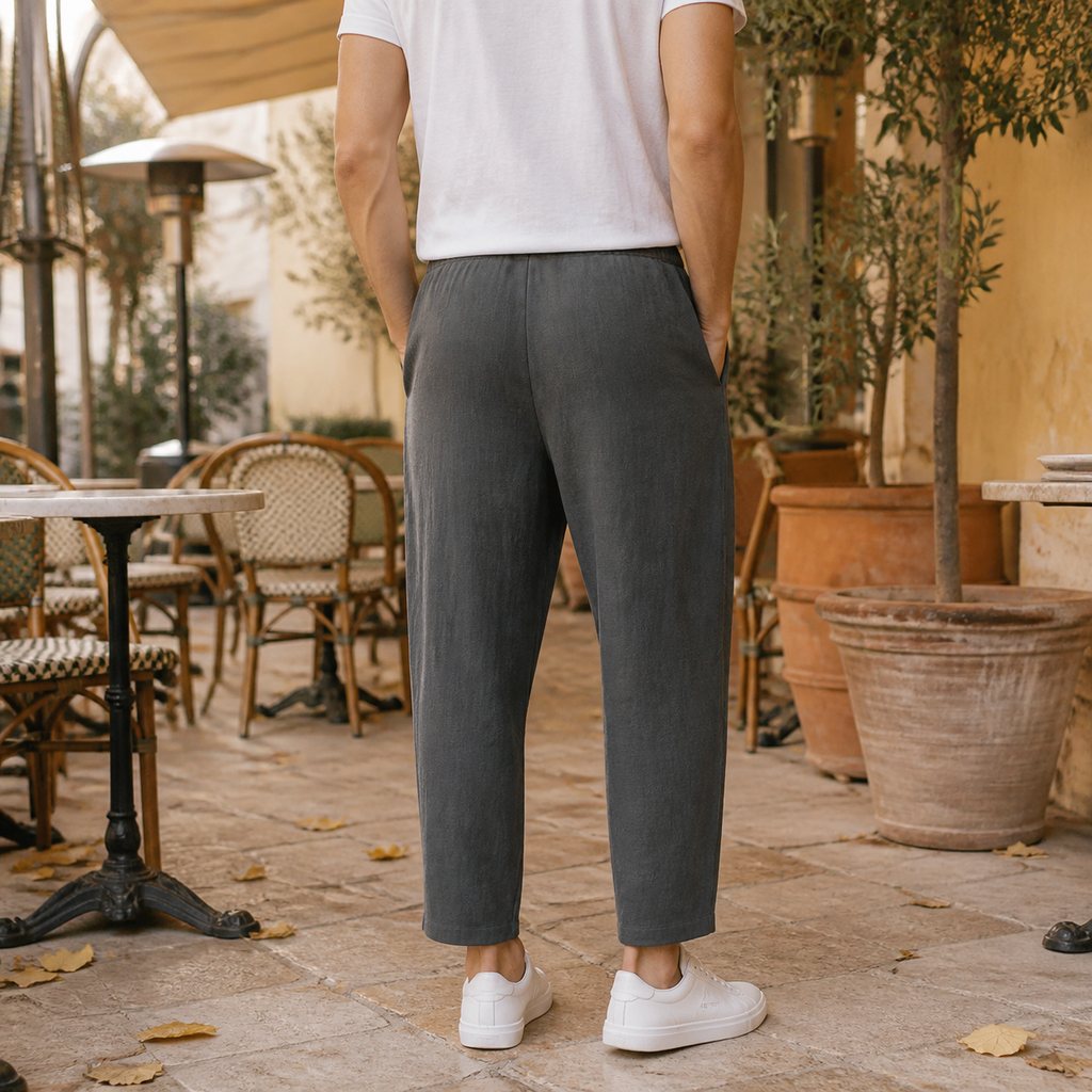 Linen Blend Tapered Cropped Drawstring Pants for Men | Summer Collection