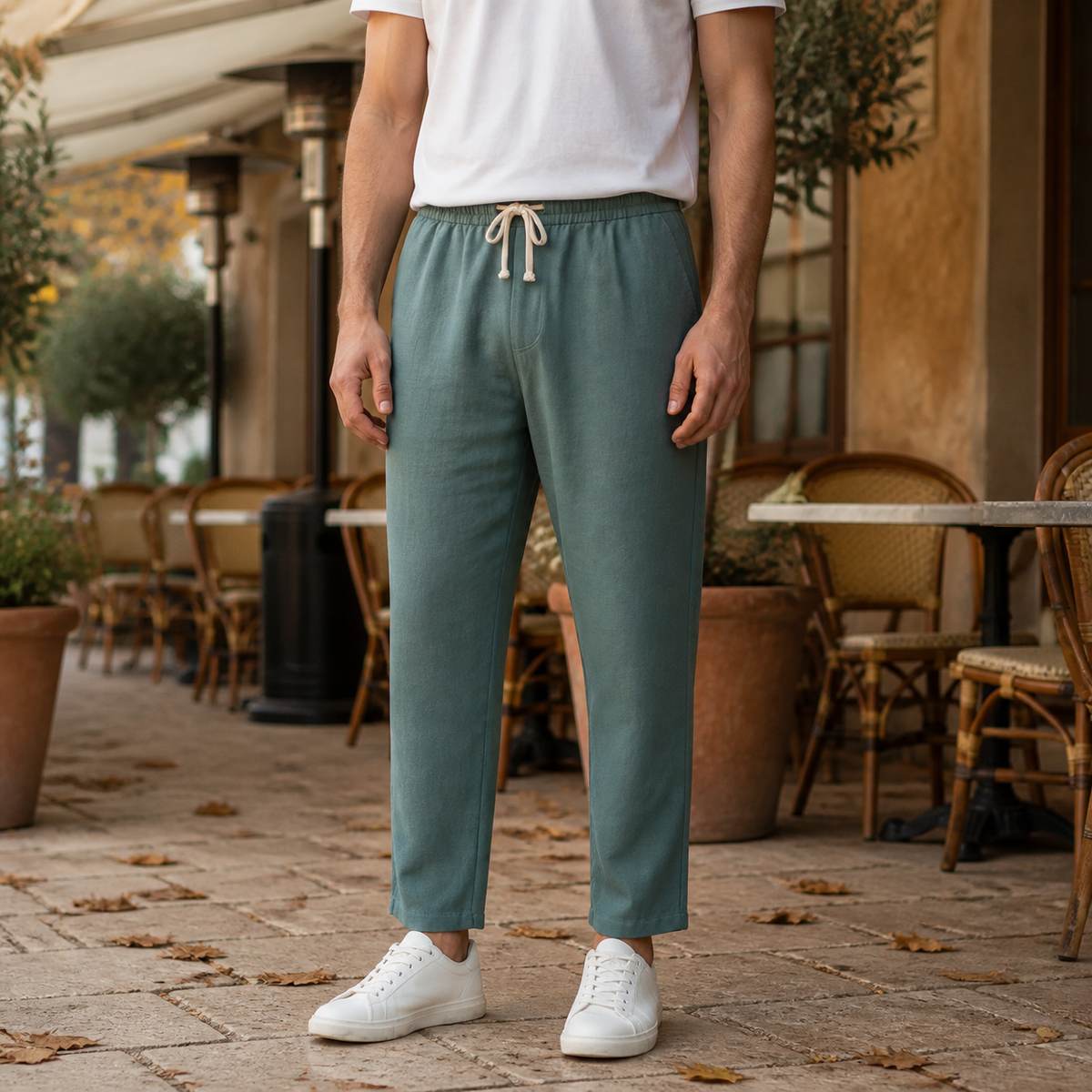 Linen Blend Tapered Cropped Drawstring Pants for Men | Summer Collection