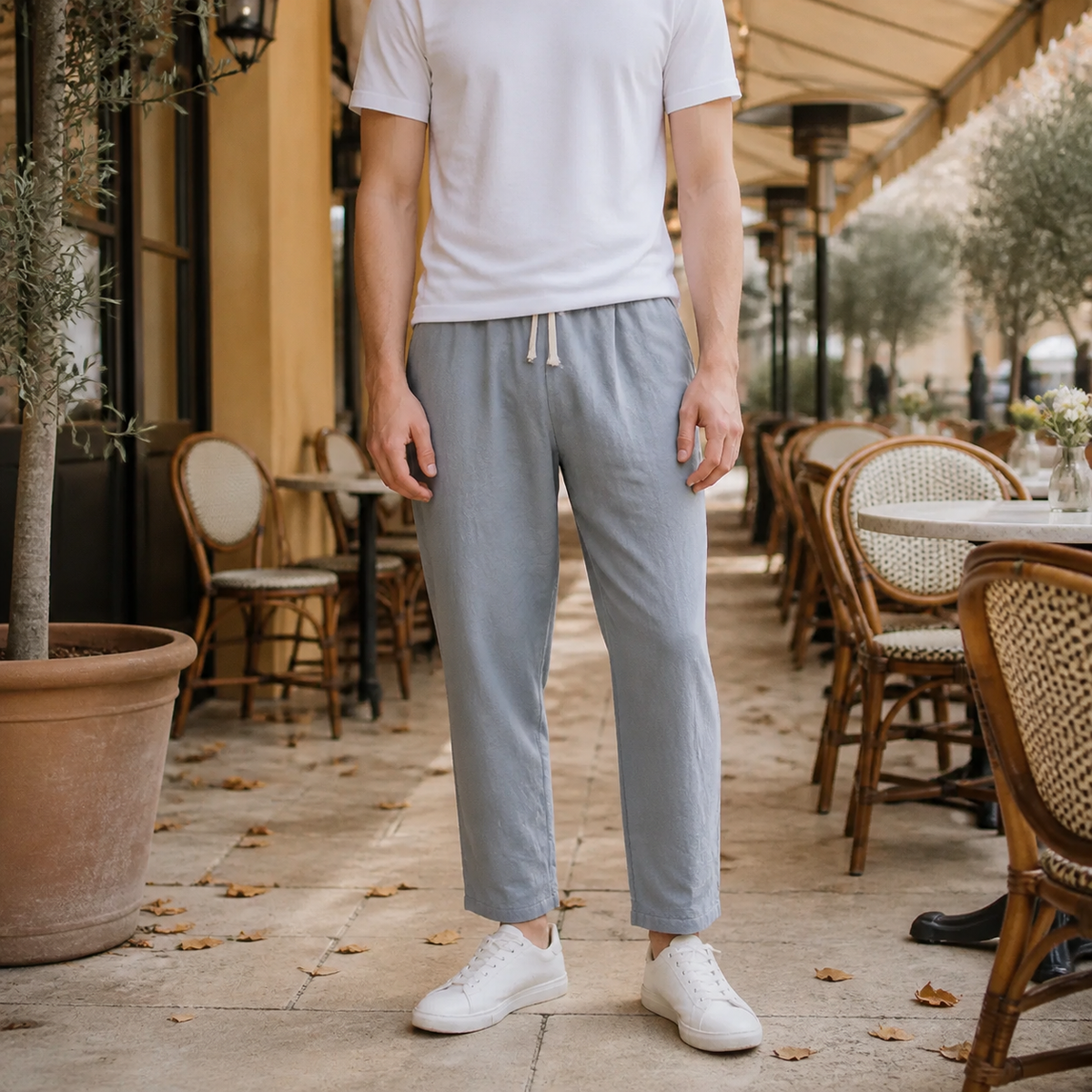 Linen Blend Tapered Cropped Drawstring Pants for Men | Summer Collection