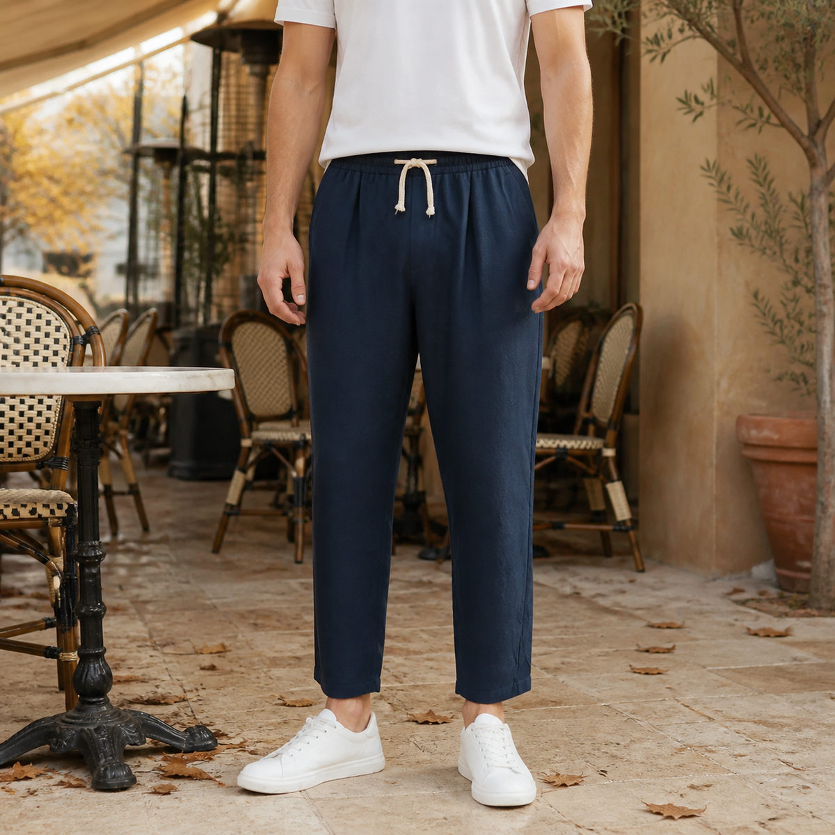Linen Blend Tapered Cropped Drawstring Pants for Men | Summer Collection
