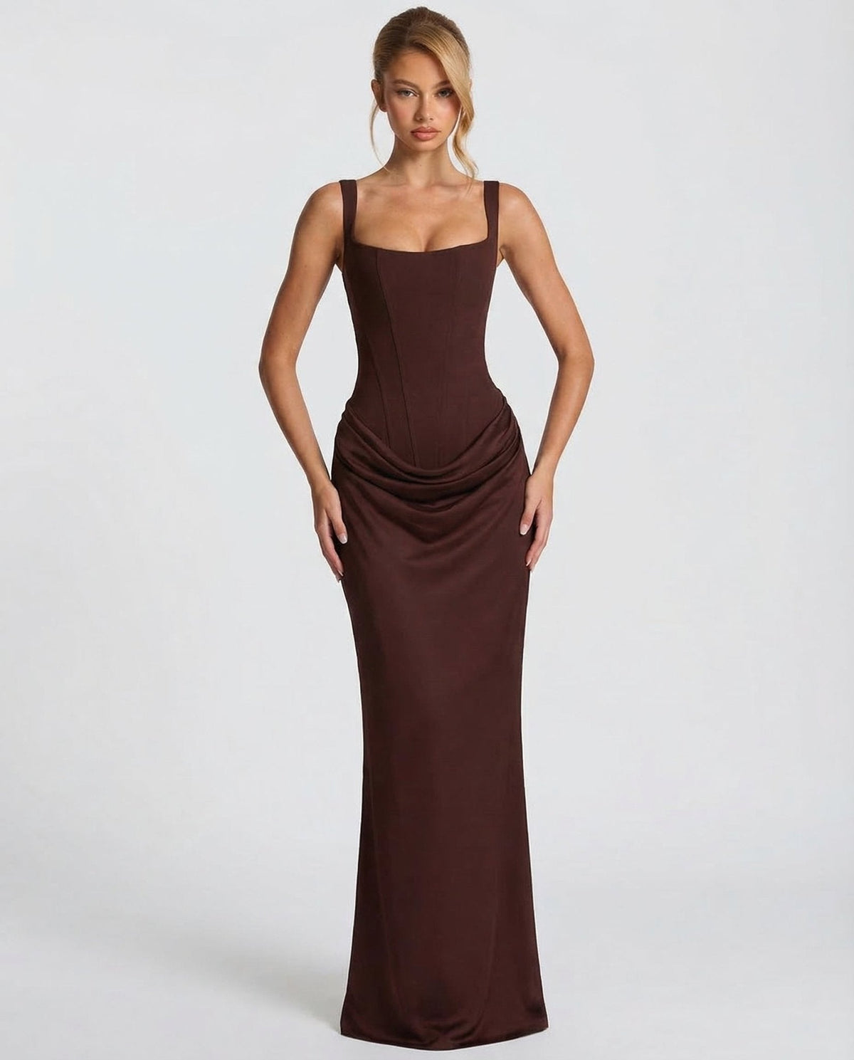 Sleeveless Corset Maxi Dress with Draped Hips for Women | Party Evening Wear