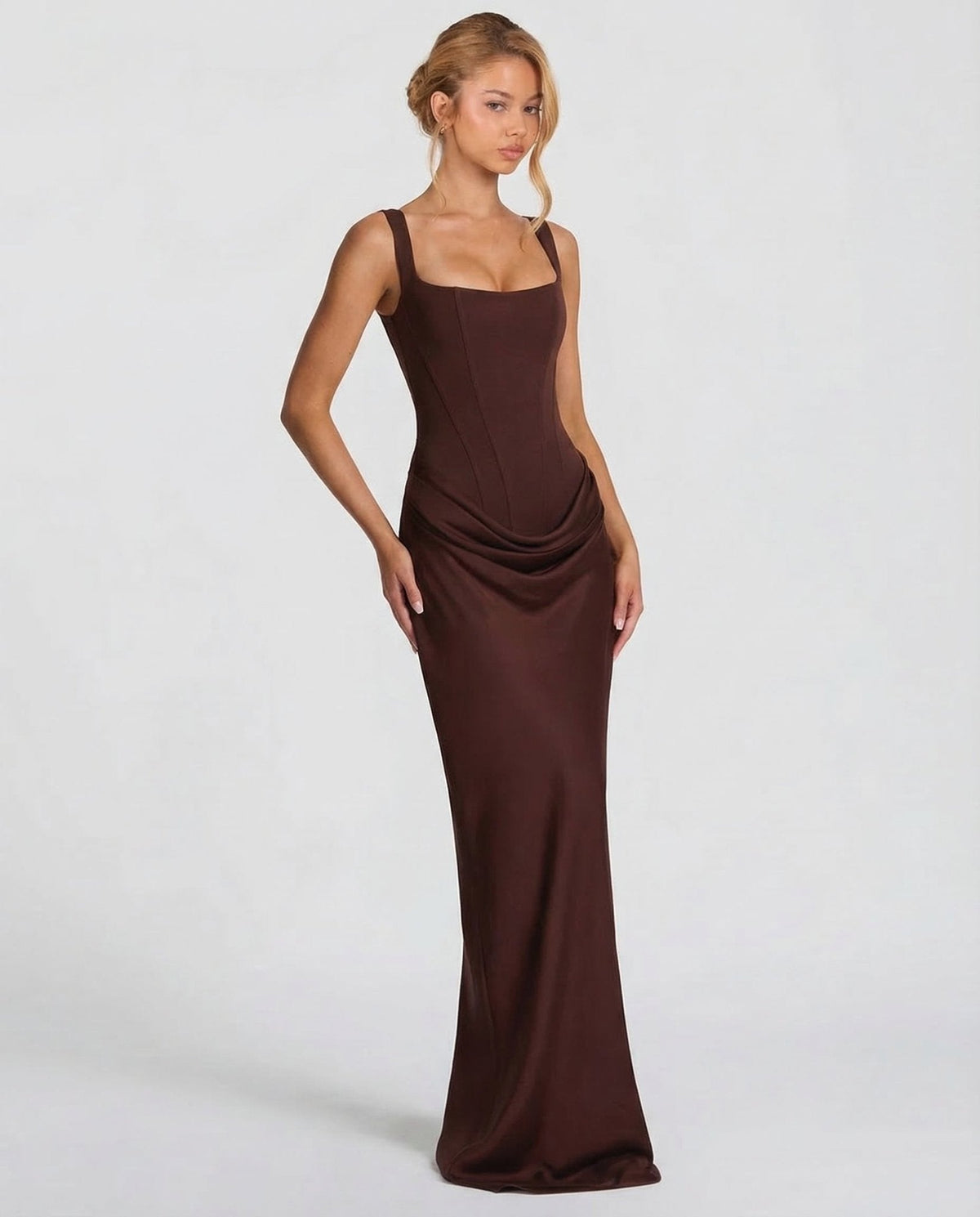 Sleeveless Corset Maxi Dress with Draped Hips for Women | Party Evening Wear