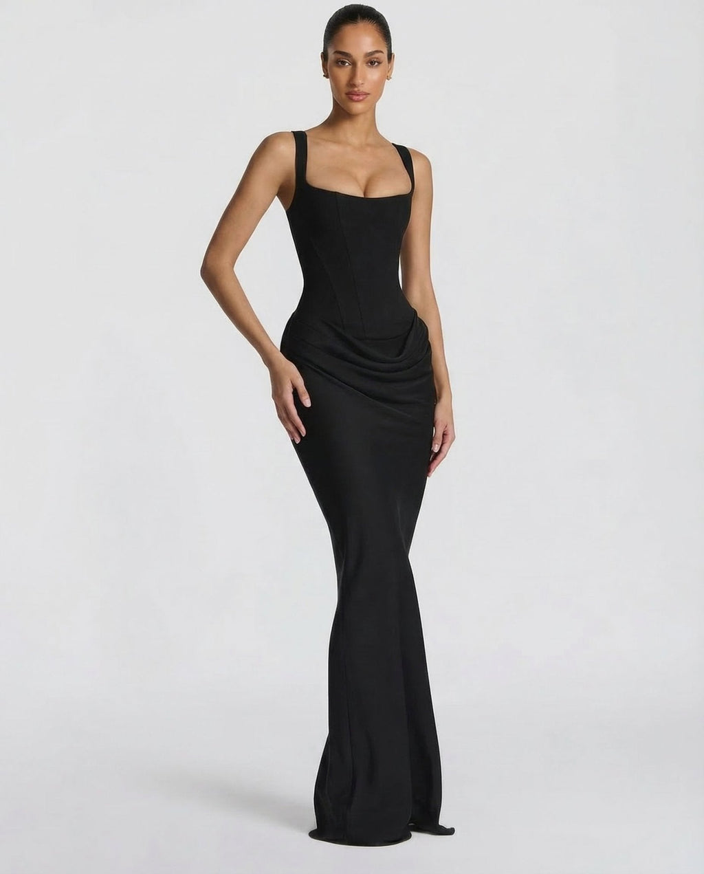 Sleeveless Corset Maxi Dress with Draped Hips for Women | Party Evening Wear