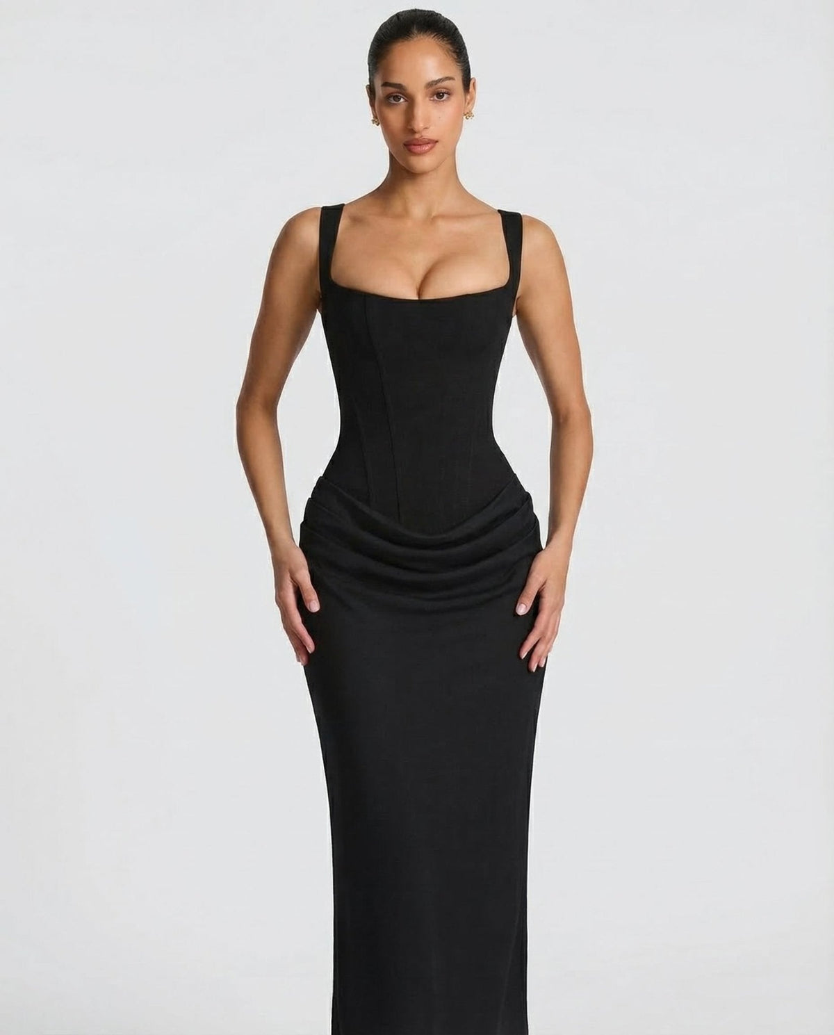 Sleeveless Corset Maxi Dress with Draped Hips for Women | Party Evening Wear