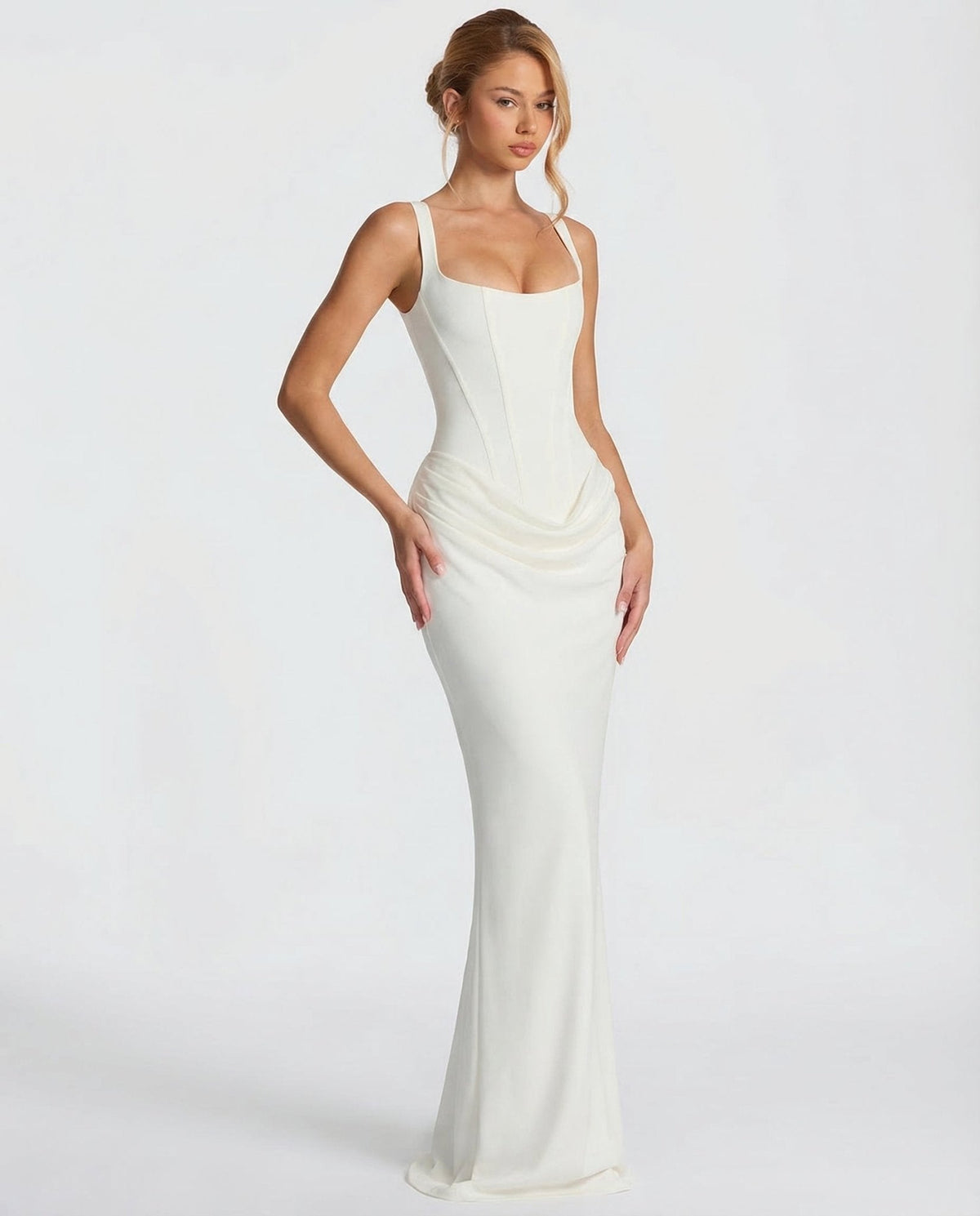 Sleeveless Corset Maxi Dress with Draped Hips for Women | Party Evening Wear