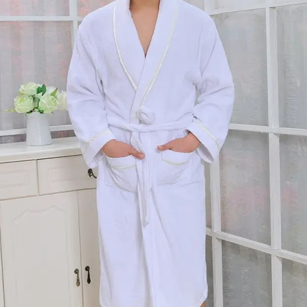 Cotton Waffle Belted Bathrobe for Men | Lightweight Breathable Home Loungewear