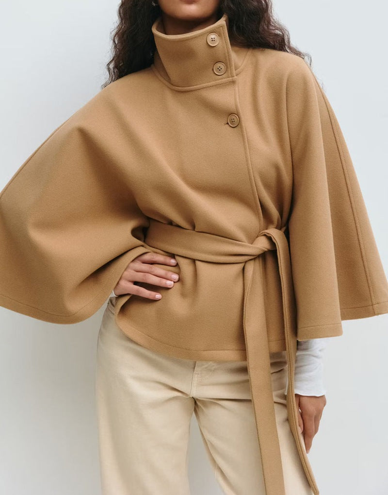 Wool Cape with High Stand Collar and Waist Belt Loose Fit Outerwear for Women