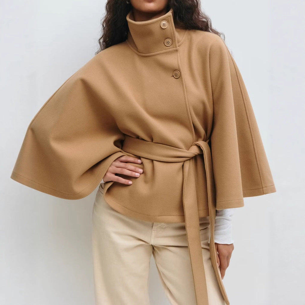 Wool Cape with High Stand Collar and Waist Belt Loose Fit Outerwear for Women