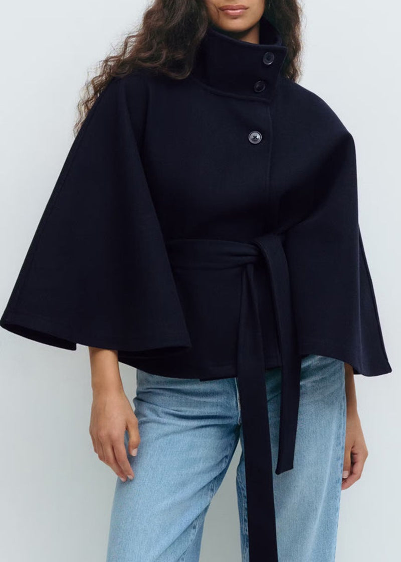 Wool Cape with High Stand Collar and Waist Belt Loose Fit Outerwear for Women