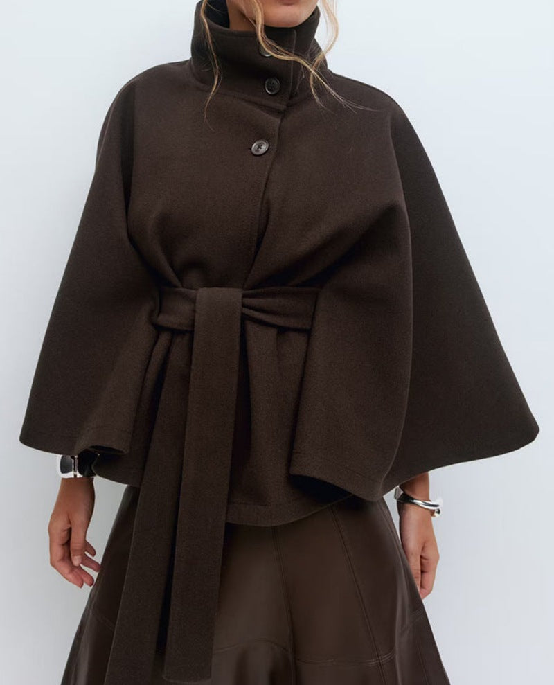 Wool Cape with High Stand Collar and Waist Belt Loose Fit Outerwear for Women