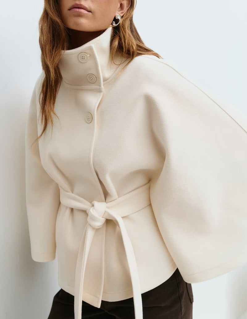Wool Cape with High Stand Collar and Waist Belt Loose Fit Outerwear for Women
