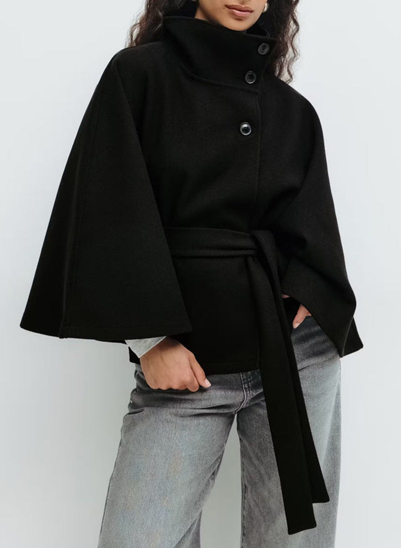 Wool Cape with High Stand Collar and Waist Belt Loose Fit Outerwear for Women
