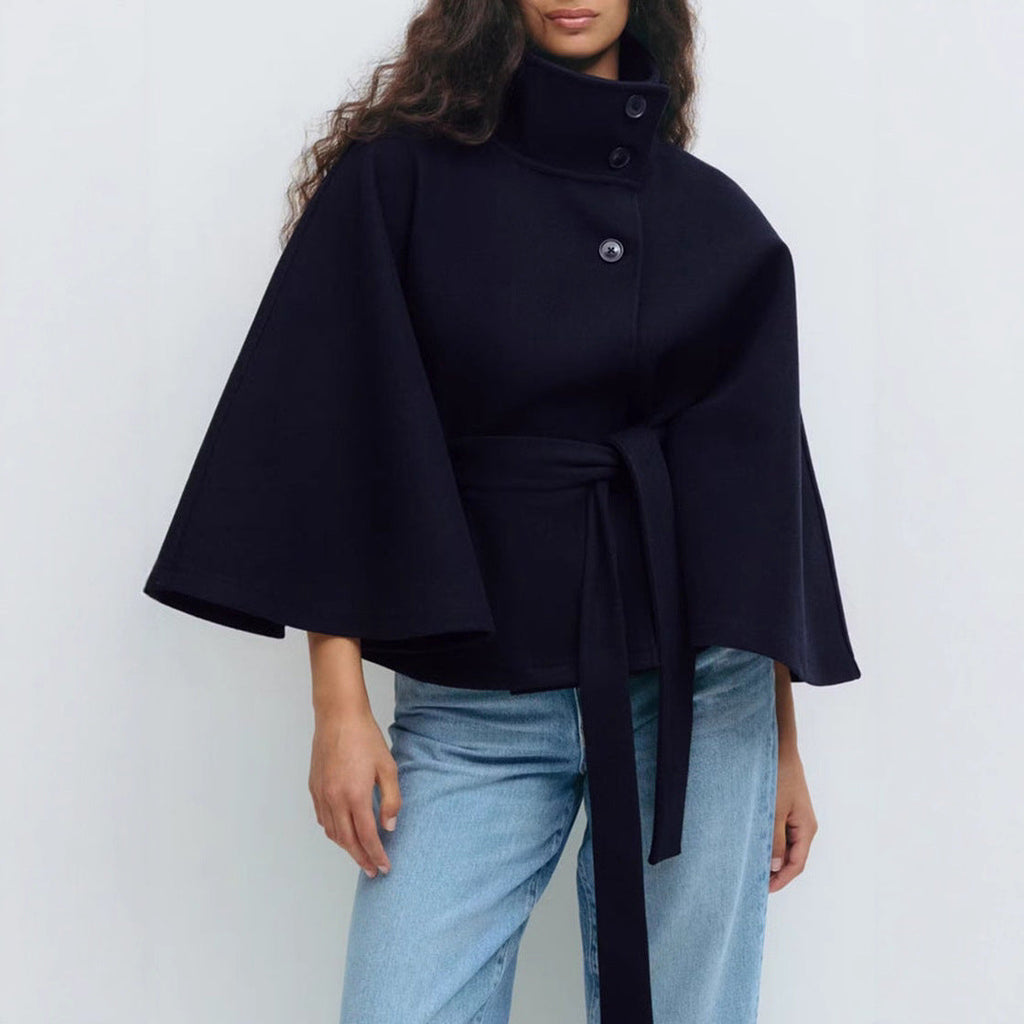 Wool Cape with High Stand Collar and Waist Belt Loose Fit Outerwear for Women