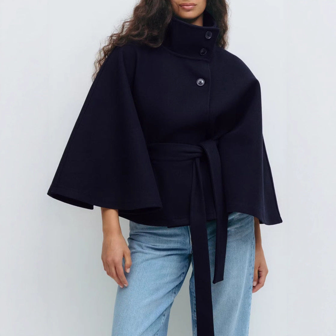 Wool Cape with High Stand Collar and Waist Belt Loose Fit Outerwear for Women