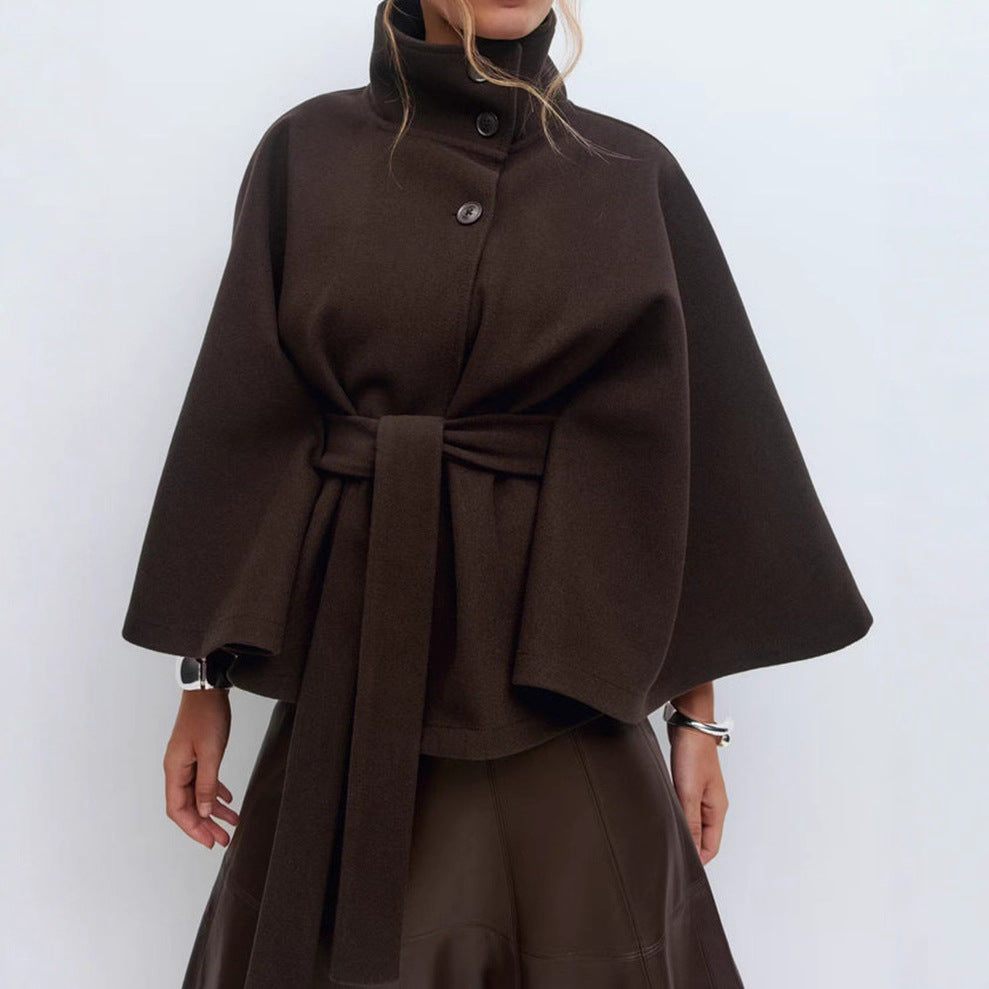 Wool Cape with High Stand Collar and Waist Belt Loose Fit Outerwear for Women