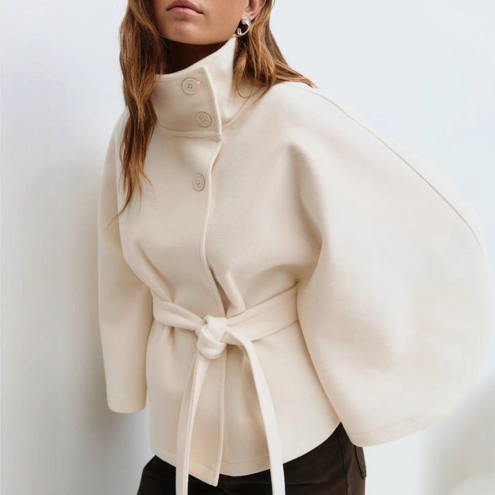 Wool Cape with High Stand Collar and Waist Belt Loose Fit Outerwear for Women