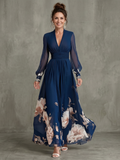 Navy Blue Printed Maxi Dress with Plunge Neck and Sheer Sleeves for Women