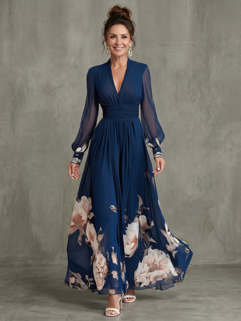 Navy Blue Printed Maxi Dress with Plunge Neck and Sheer Sleeves for Women