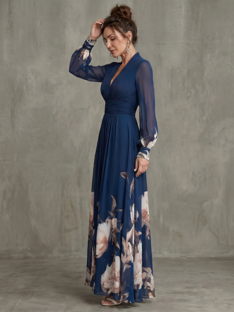 Navy Blue Printed Maxi Dress with Plunge Neck and Sheer Sleeves for Women