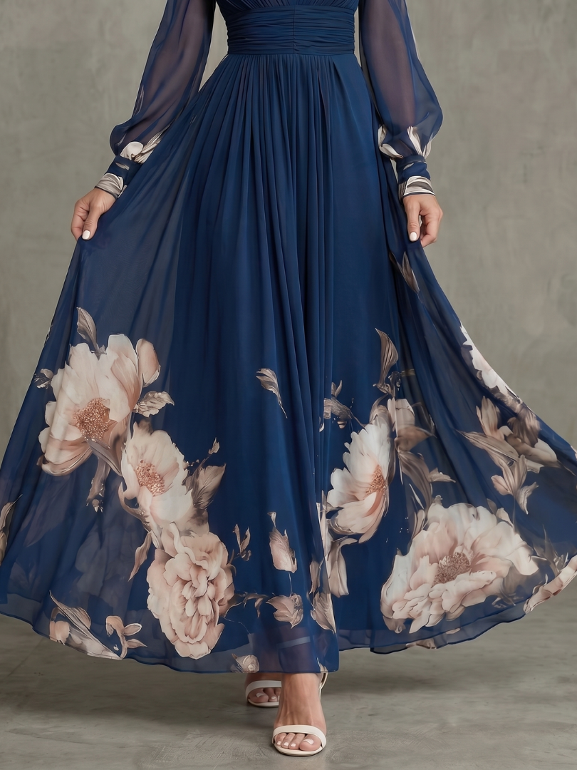 Navy Blue Printed Maxi Dress with Plunge Neck and Sheer Sleeves for Women