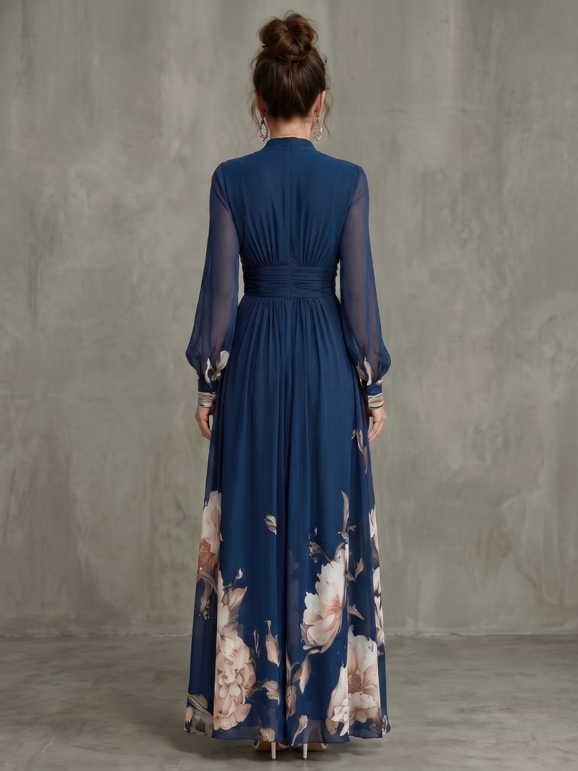 Navy Blue Printed Maxi Dress with Plunge Neck and Sheer Sleeves for Women