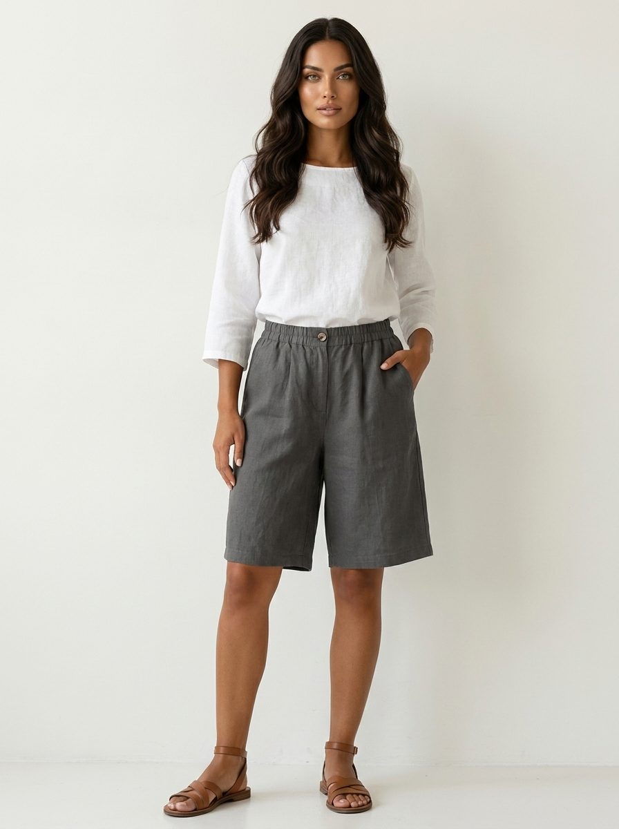 Linen Look Relaxed Fit Bermuda Shorts for Women | Summer