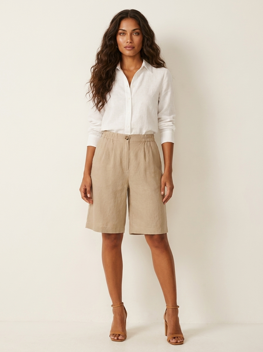 Linen Look Relaxed Fit Bermuda Shorts for Women | Summer