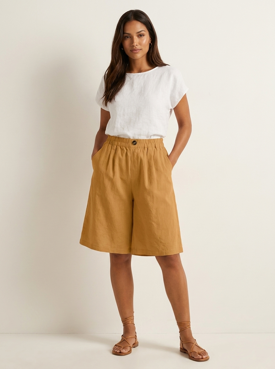 Linen Look Relaxed Fit Bermuda Shorts for Women | Summer