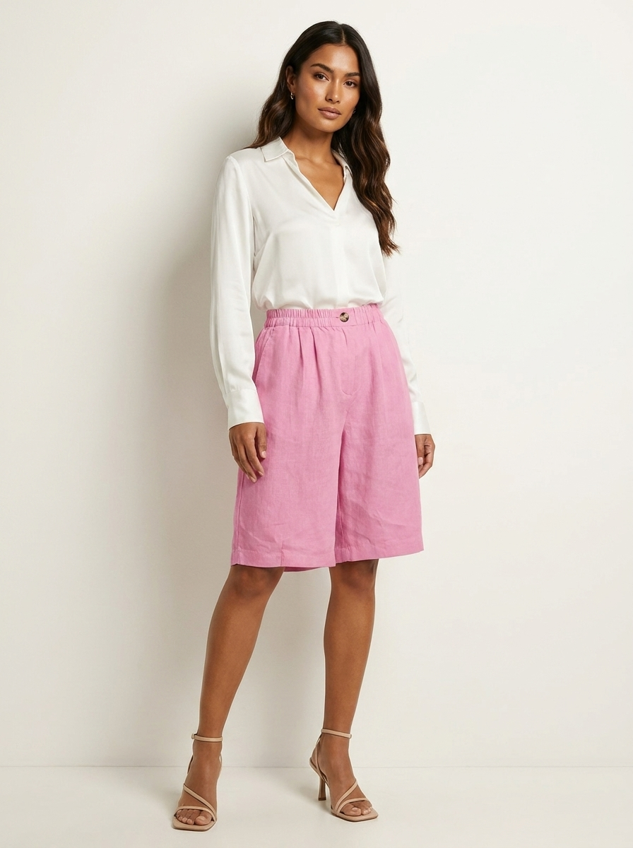 Linen Look Relaxed Fit Bermuda Shorts for Women | Summer