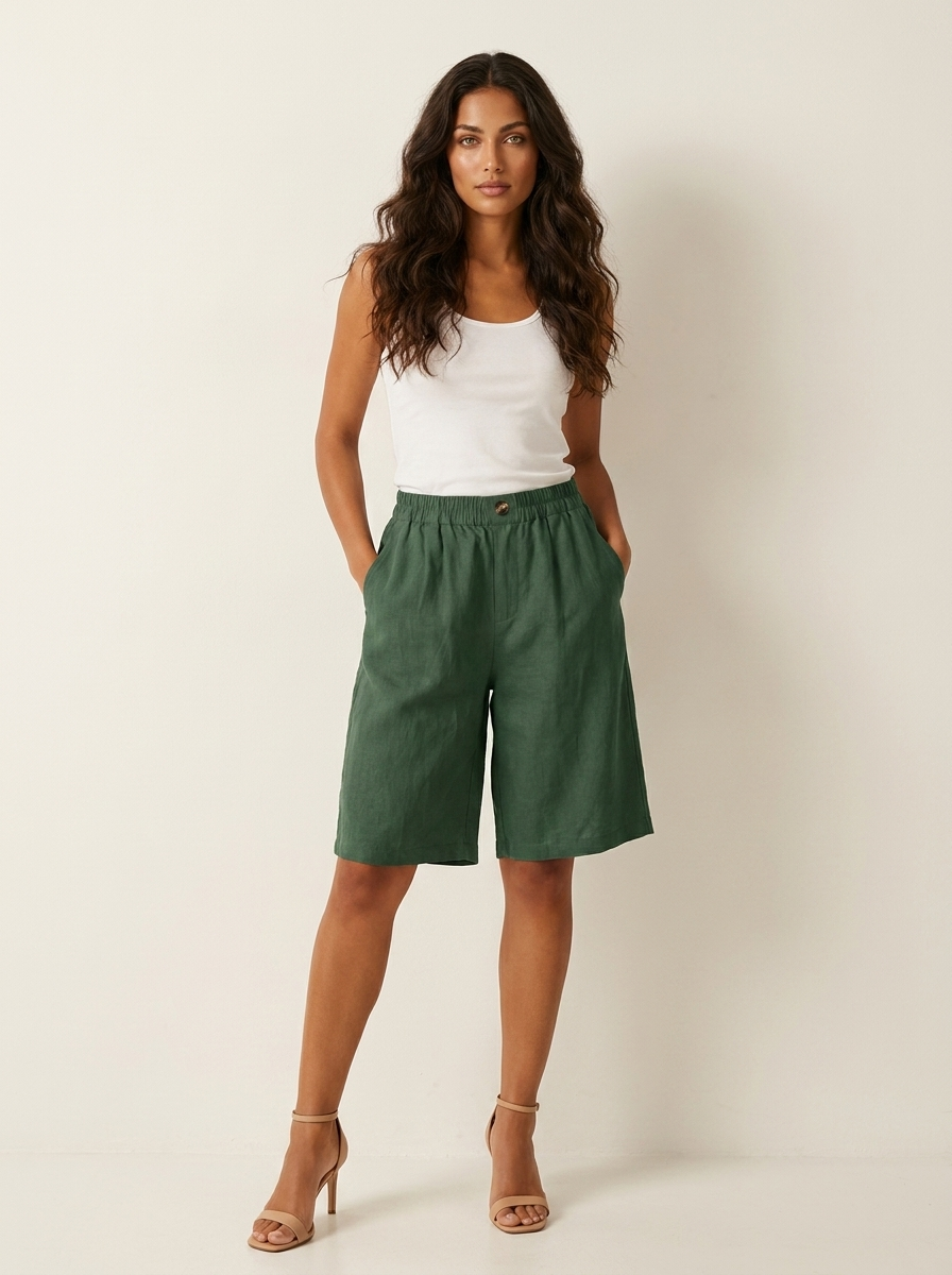 Linen Look Relaxed Fit Bermuda Shorts for Women | Summer