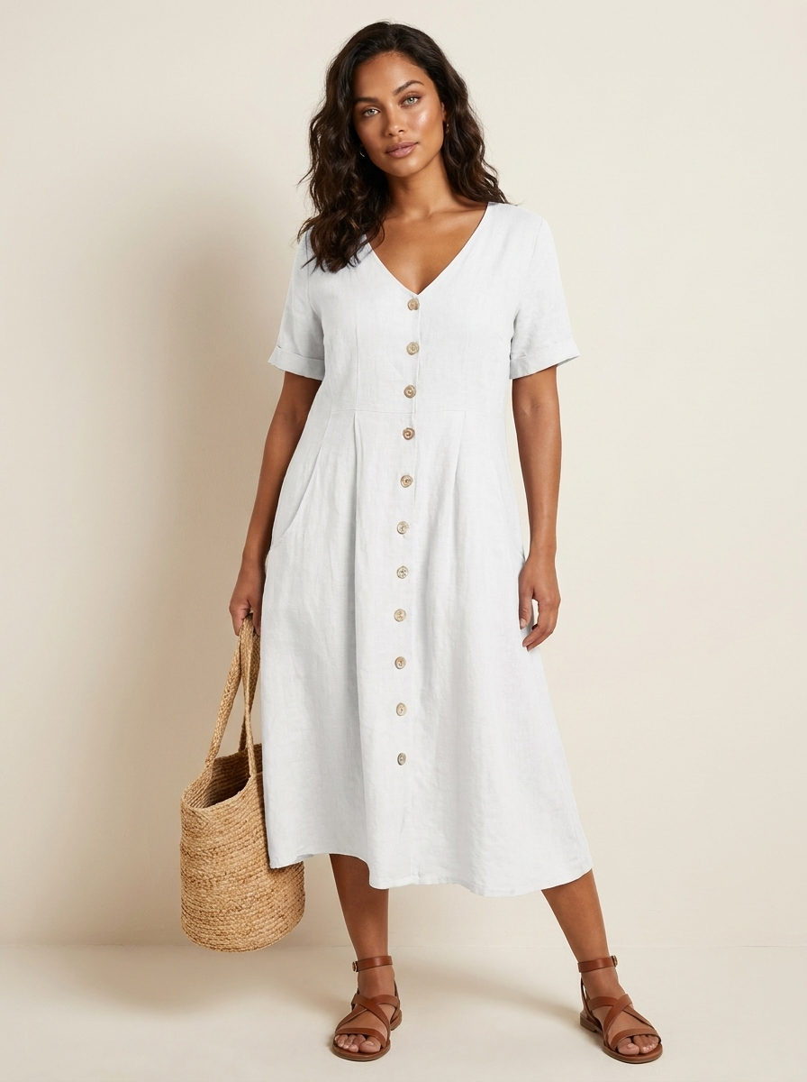 V-Neck Button-Front Midi Dress for Women | Summer Casual