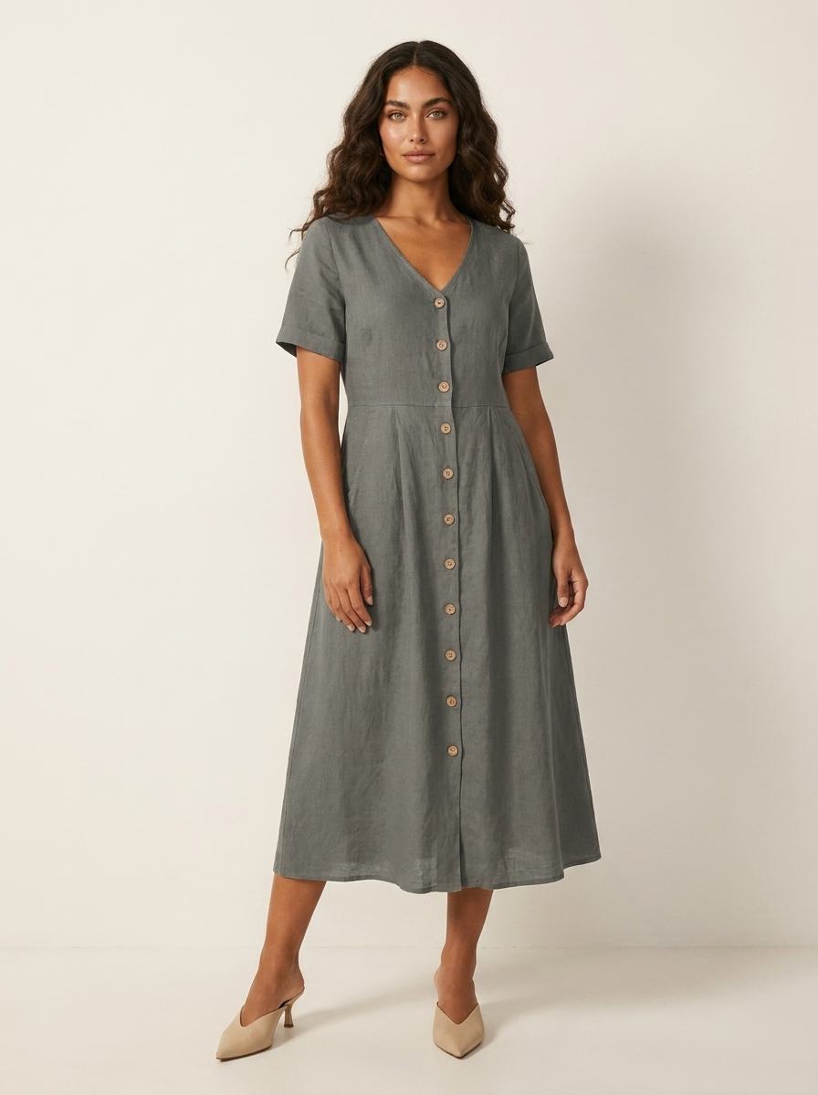 V-Neck Button-Front Midi Dress for Women | Summer Casual