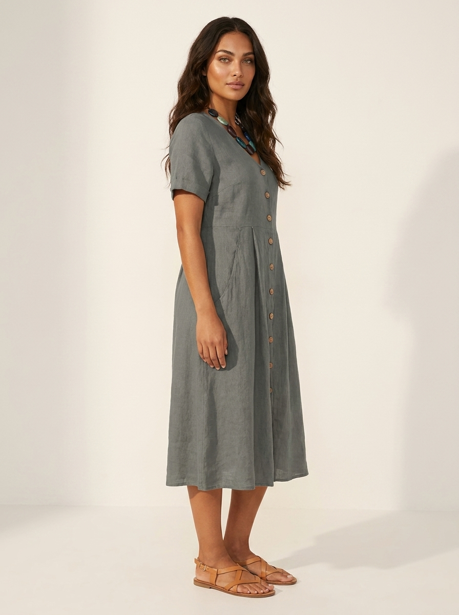 V-Neck Button-Front Midi Dress for Women | Summer Casual