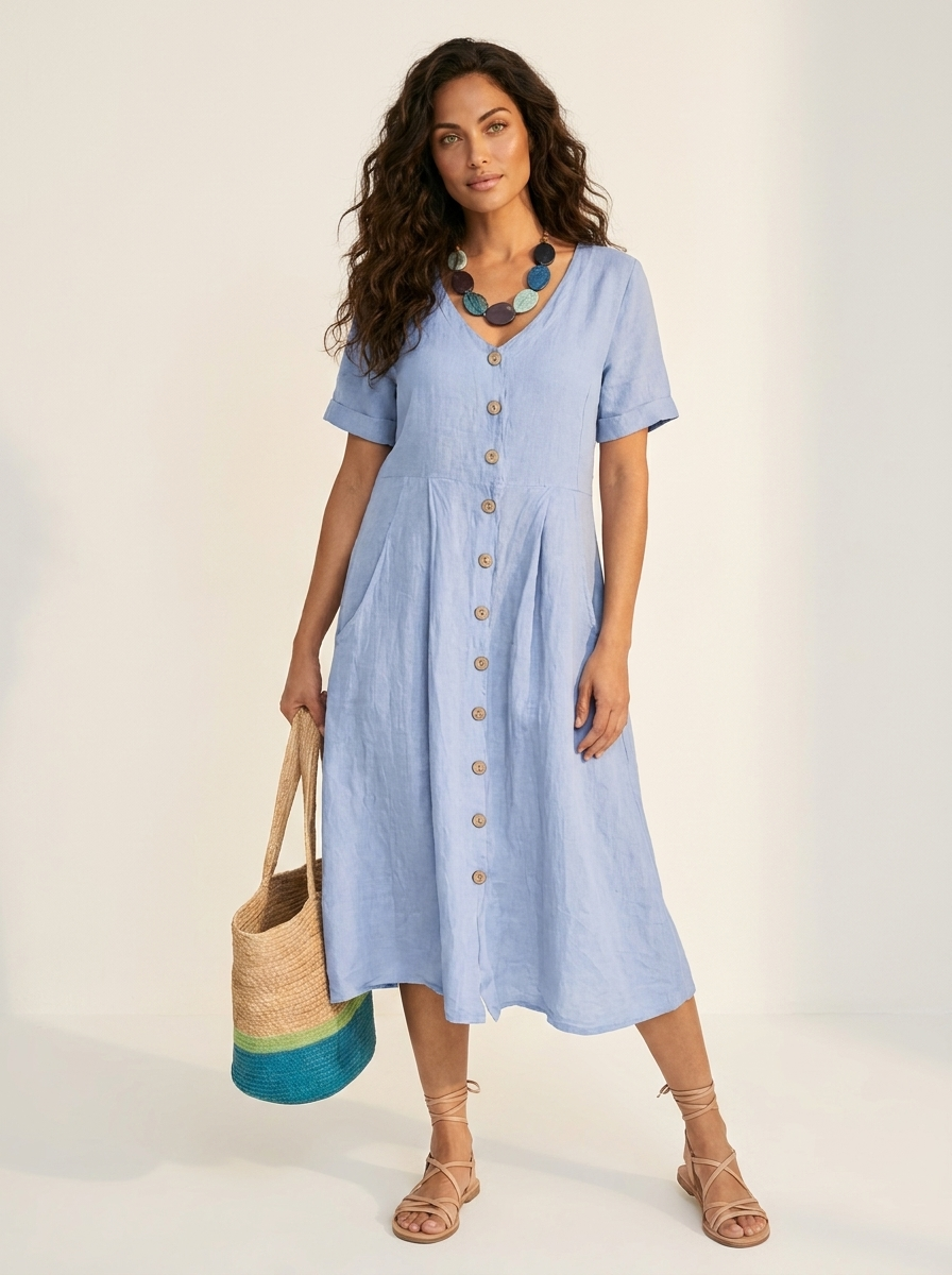 V-Neck Button-Front Midi Dress for Women | Summer Casual