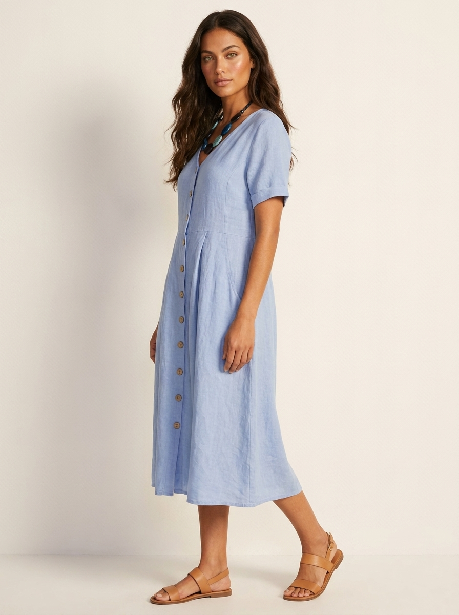 V-Neck Button-Front Midi Dress for Women | Summer Casual