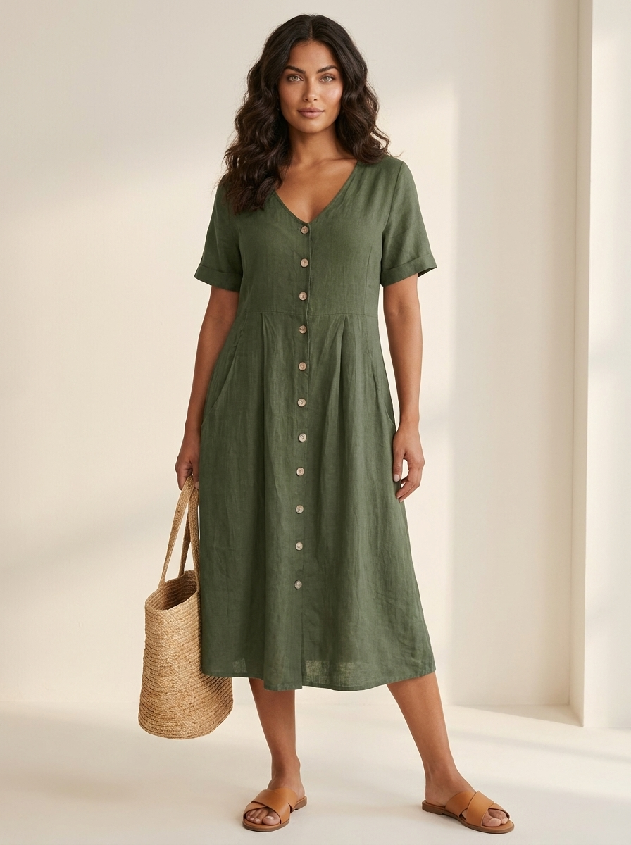 V-Neck Button-Front Midi Dress for Women | Summer Casual