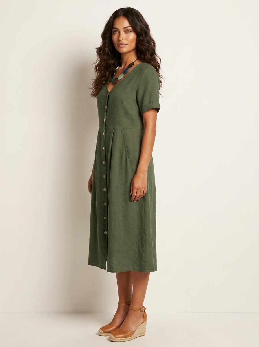 V-Neck Button-Front Midi Dress for Women | Summer Casual