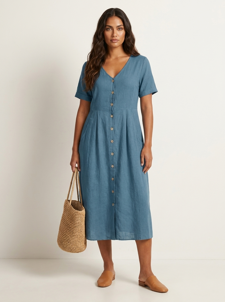 V-Neck Button-Front Midi Dress for Women | Summer Casual