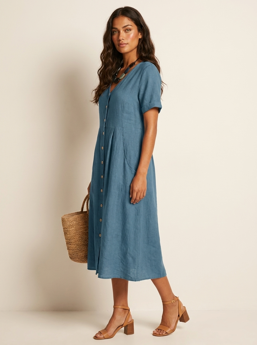 V-Neck Button-Front Midi Dress for Women | Summer Casual